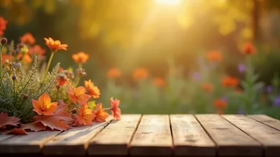 Orange Flowers On Wooden Table In Sunny Garden