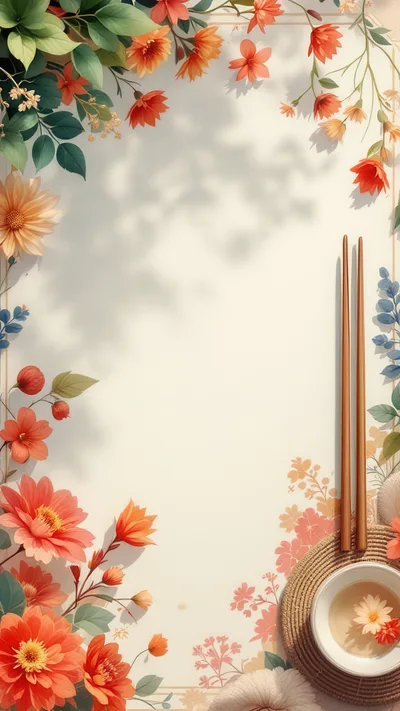 Floral Border Background With Chopsticks And Tea Cup
