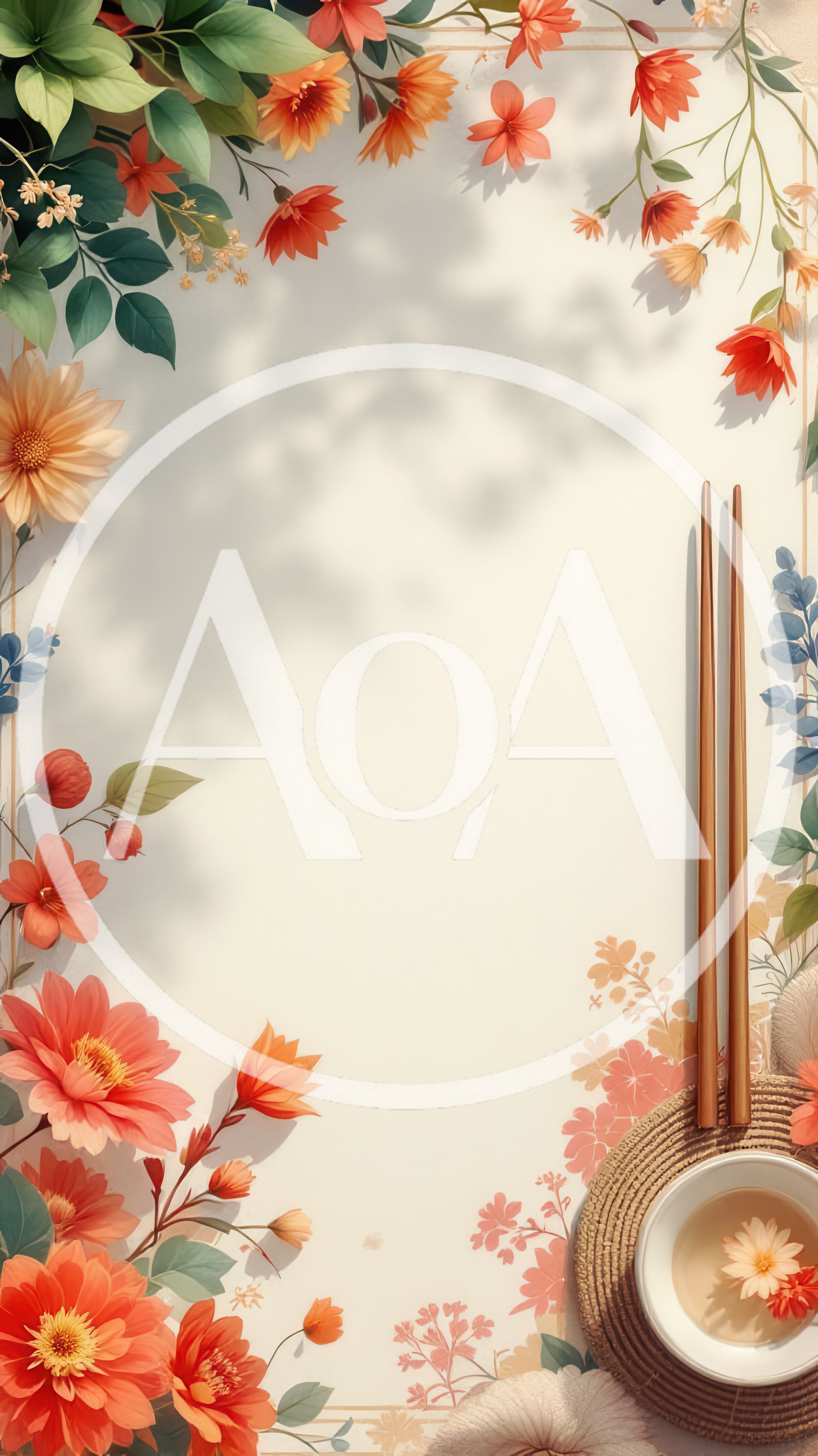 Floral Border Background With Chopsticks And Tea Cup
