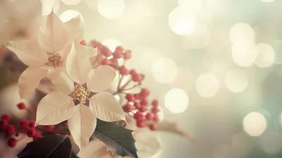 White Poinsettia Flowers With Red Berries