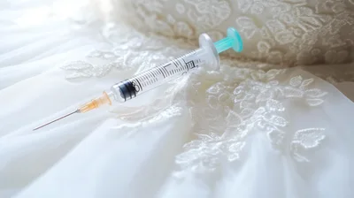 Medical Syringe Resting On A White Lace Wedding Dress