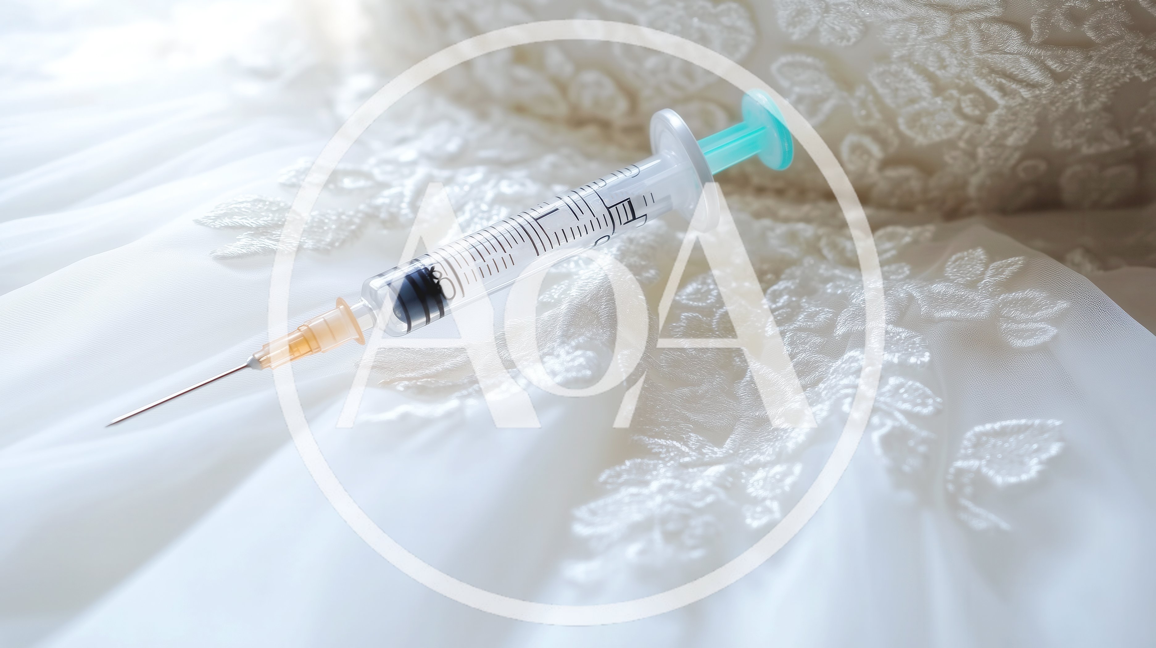 Medical Syringe Resting On A White Lace Wedding Dress