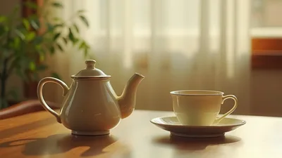White Porcelain Teapot and Teacup on Wooden Table