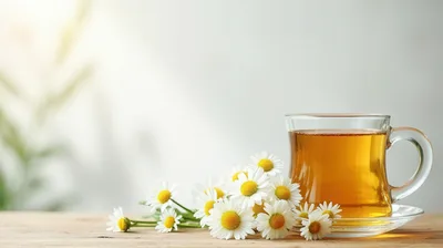 Glass Cup Of Chamomile Tea With Fresh Flowers