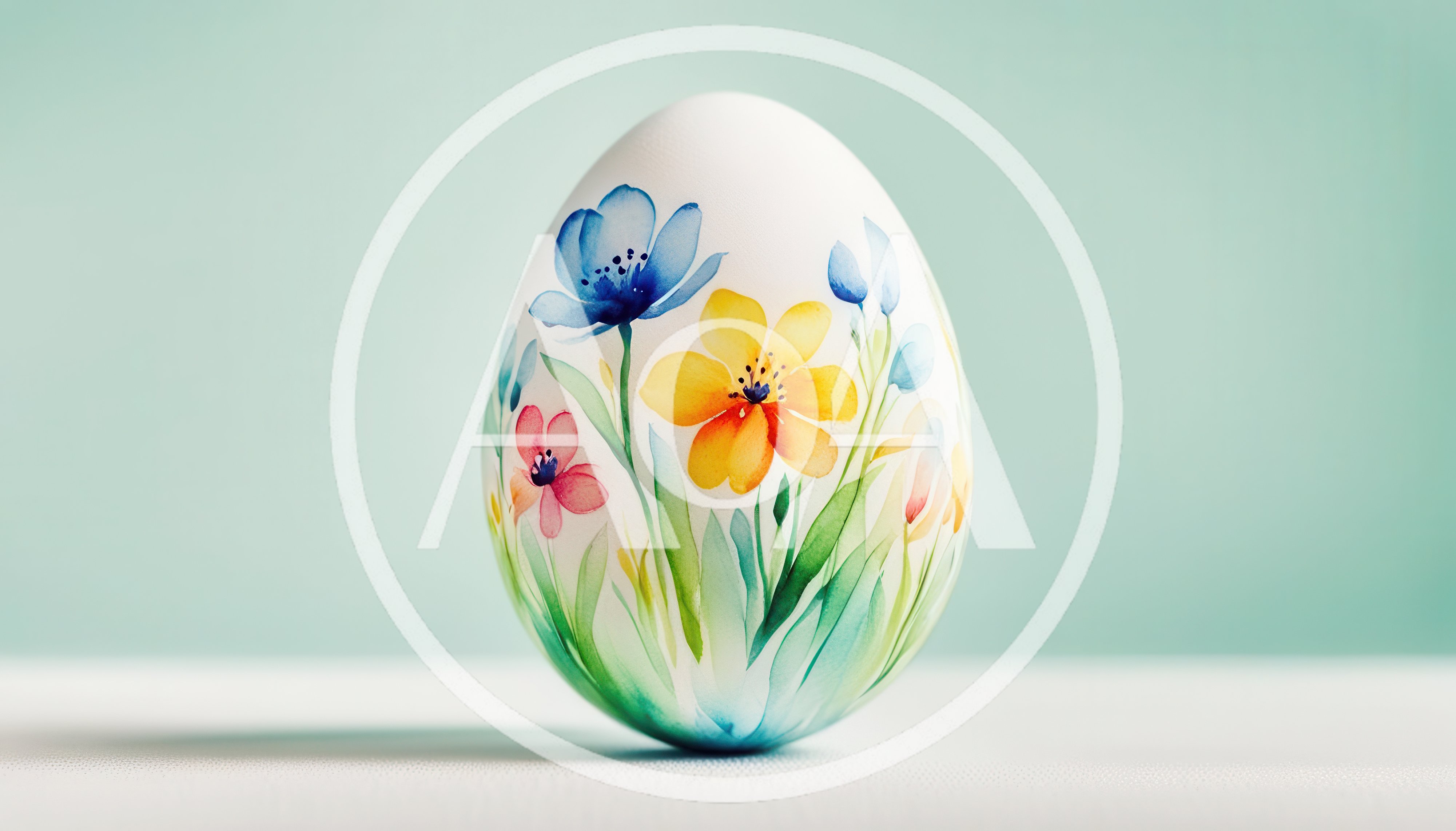 Watercolor Floral Painted Easter Egg On Pastel Background