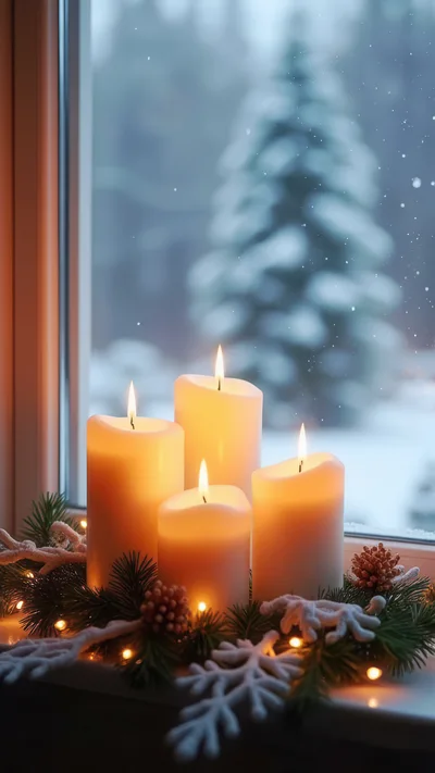Four Lit Advent Candles On A Snowy Window Sill