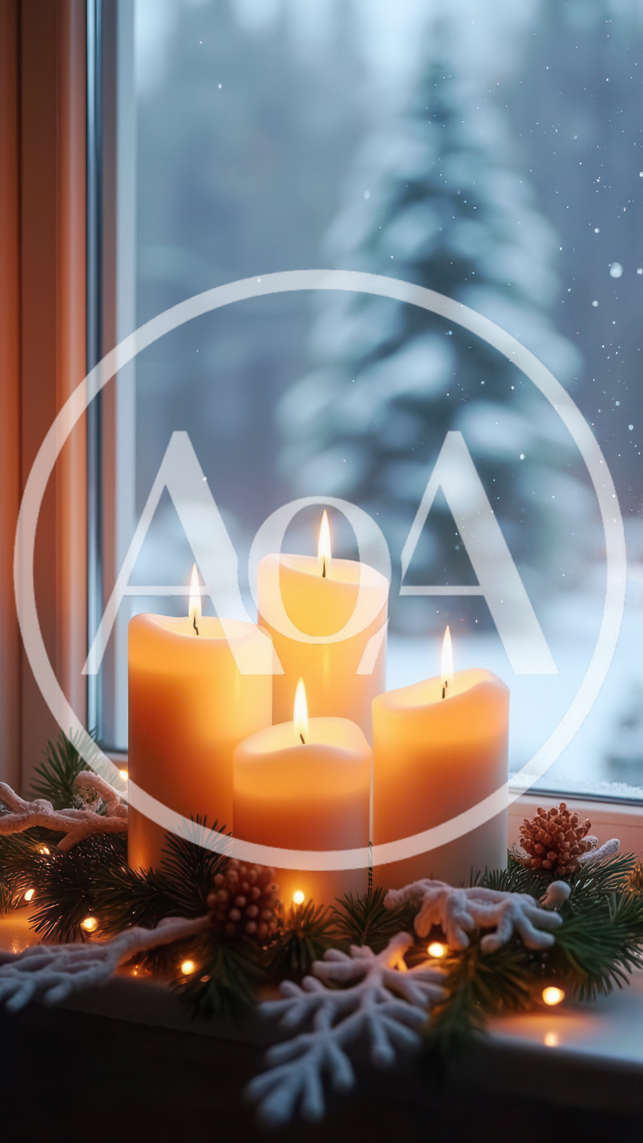 Four Lit Advent Candles On A Snowy Window Sill