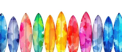 Colorful Watercolor Surfboards Lined Up On White Background