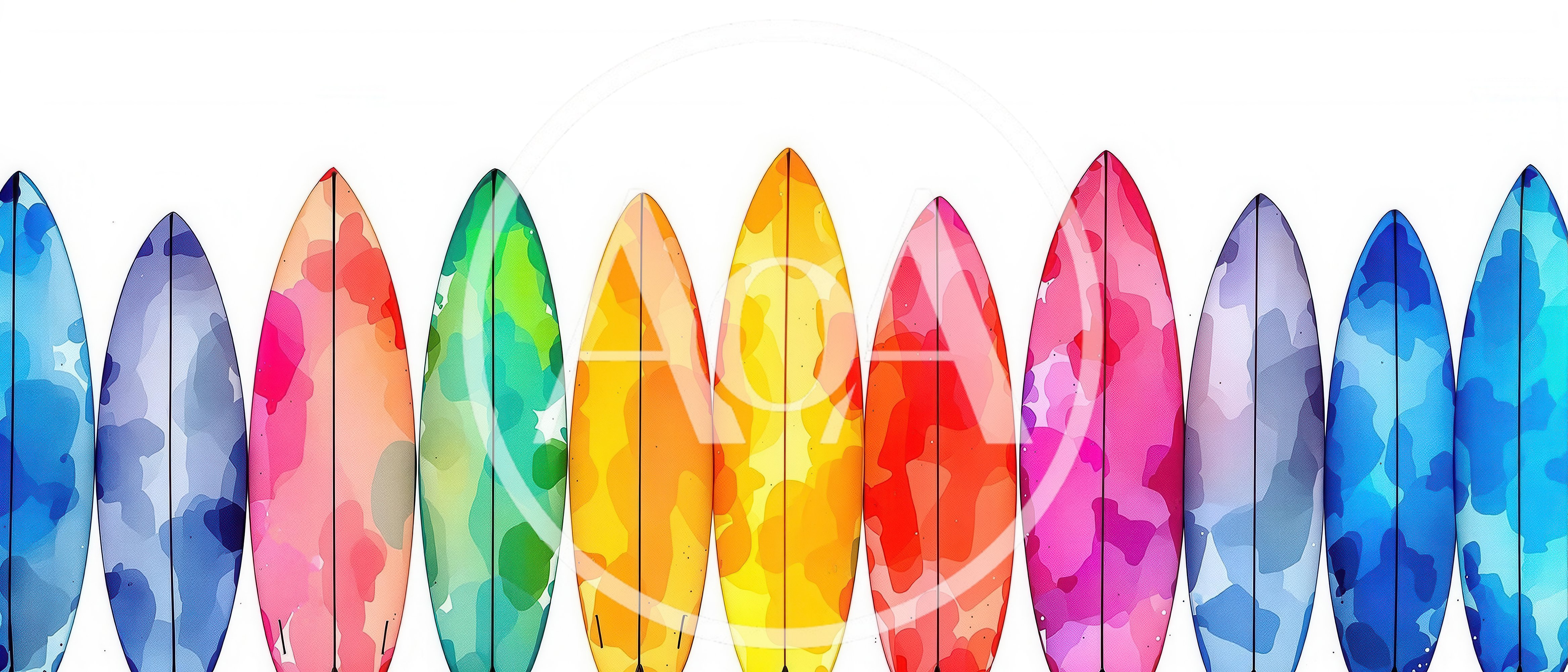 Colorful Watercolor Surfboards Lined Up On White Background
