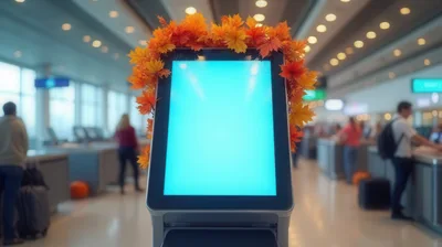 Digital Airport Kiosk Decorated With Autumn Leaves