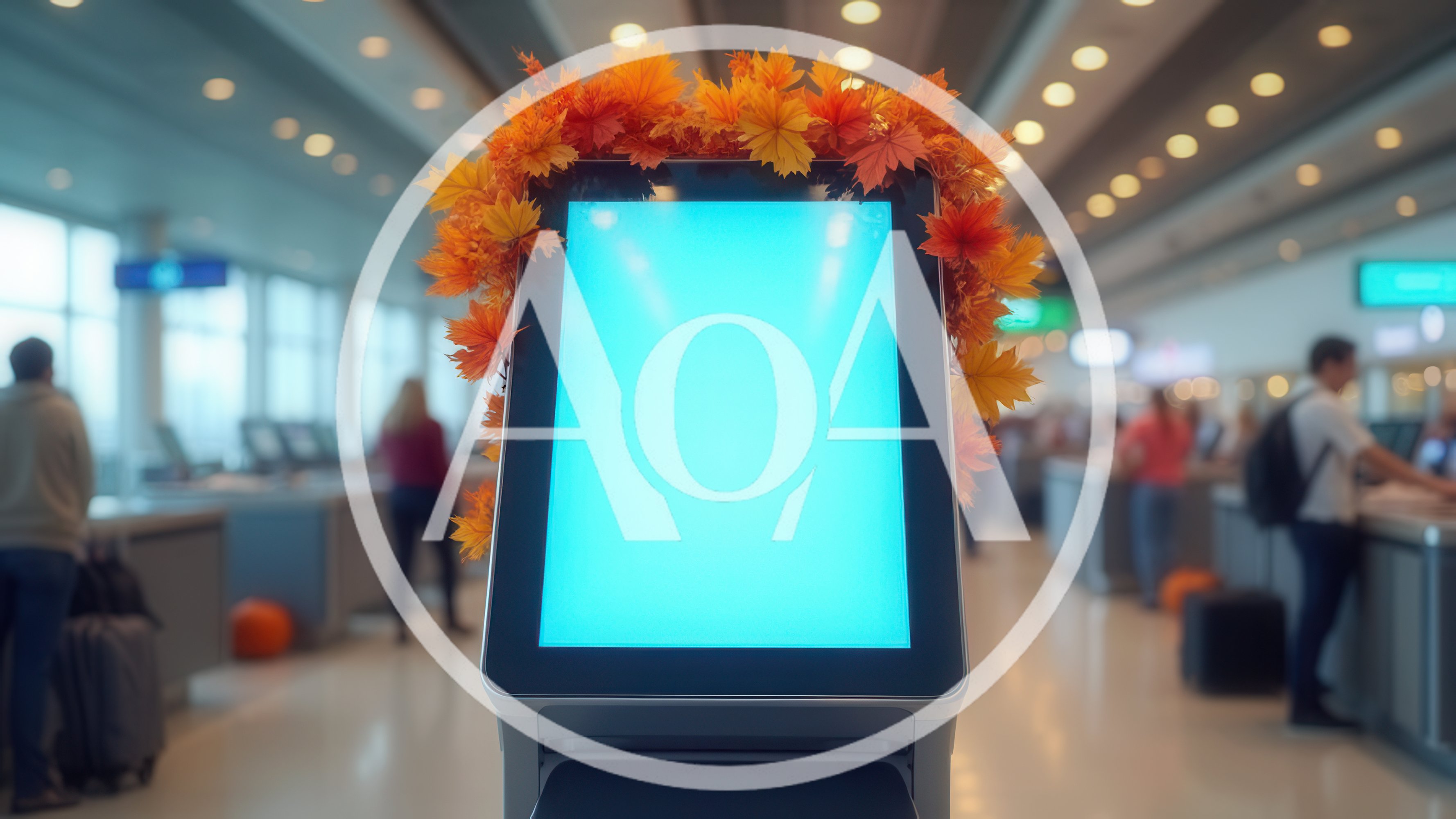 Digital Airport Kiosk Decorated With Autumn Leaves