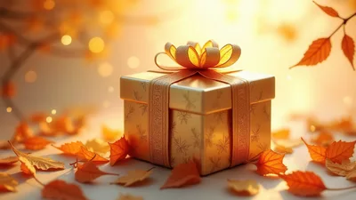 Golden Gift Box Surrounded By Autumn Leaves