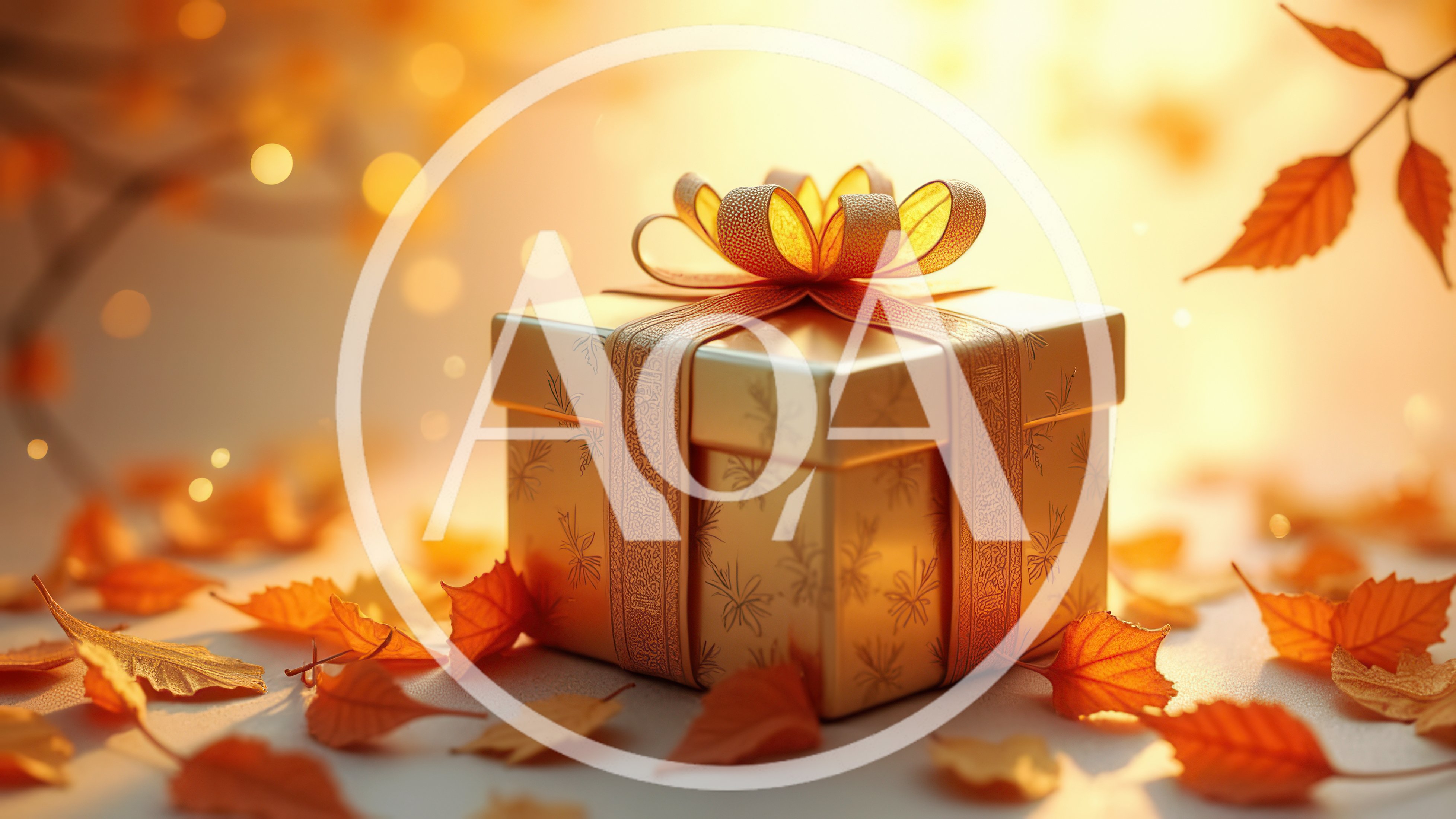Golden Gift Box Surrounded By Autumn Leaves