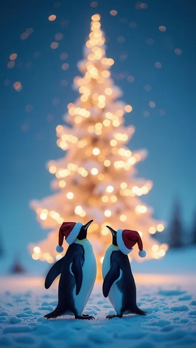 Two Penguins Wearing Santa Hats Before A Christmas Tree