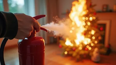 Person Using Fire Extinguisher On Burning Christmas Tree