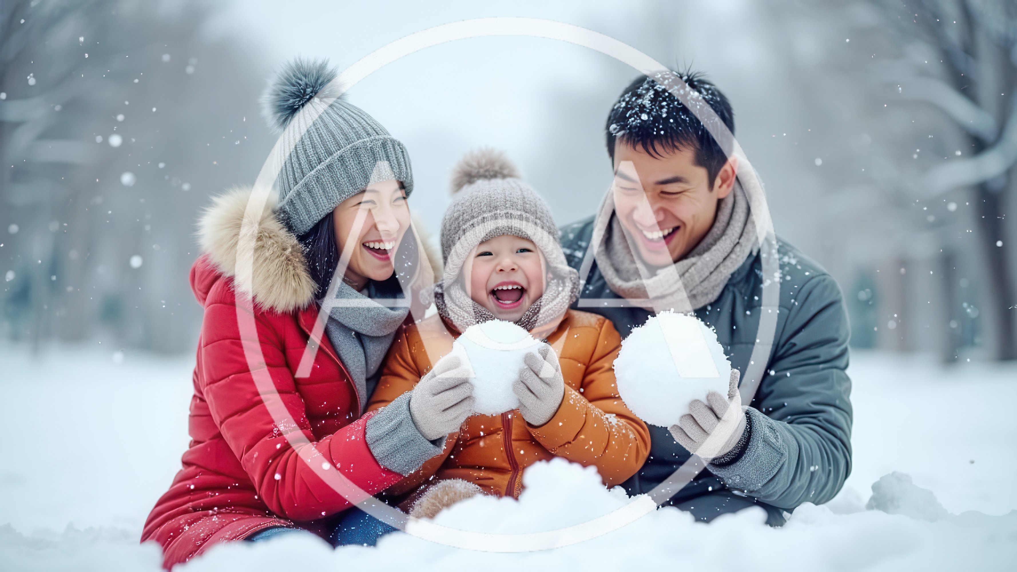 Happy Family Playing With Snowballs In Winter Park