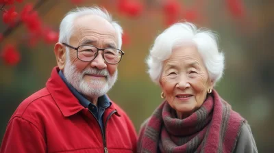 Portrait Of An Elderly Asian Couple Outdoors