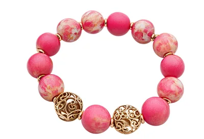 Pink Marble Bead Bracelet With Gold Filigree Accents