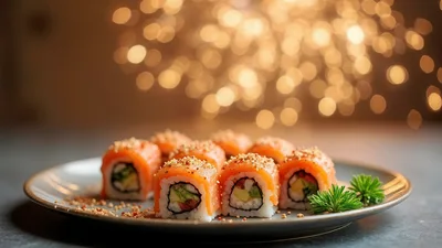 Salmon Sushi Rolls Served On A Ceramic Plate