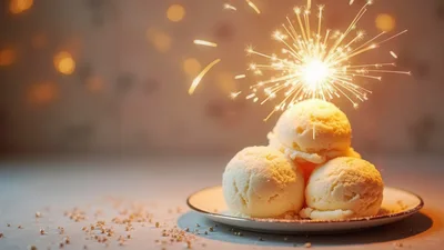 Three Scoops Of Vanilla Ice Cream With A Sparkler