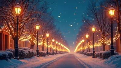Snowy Street Lined With Glowing Christmas Lights