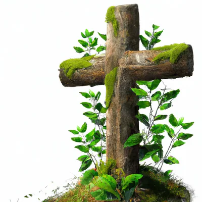 Wooden Cross Covered In Moss And Green Foliage