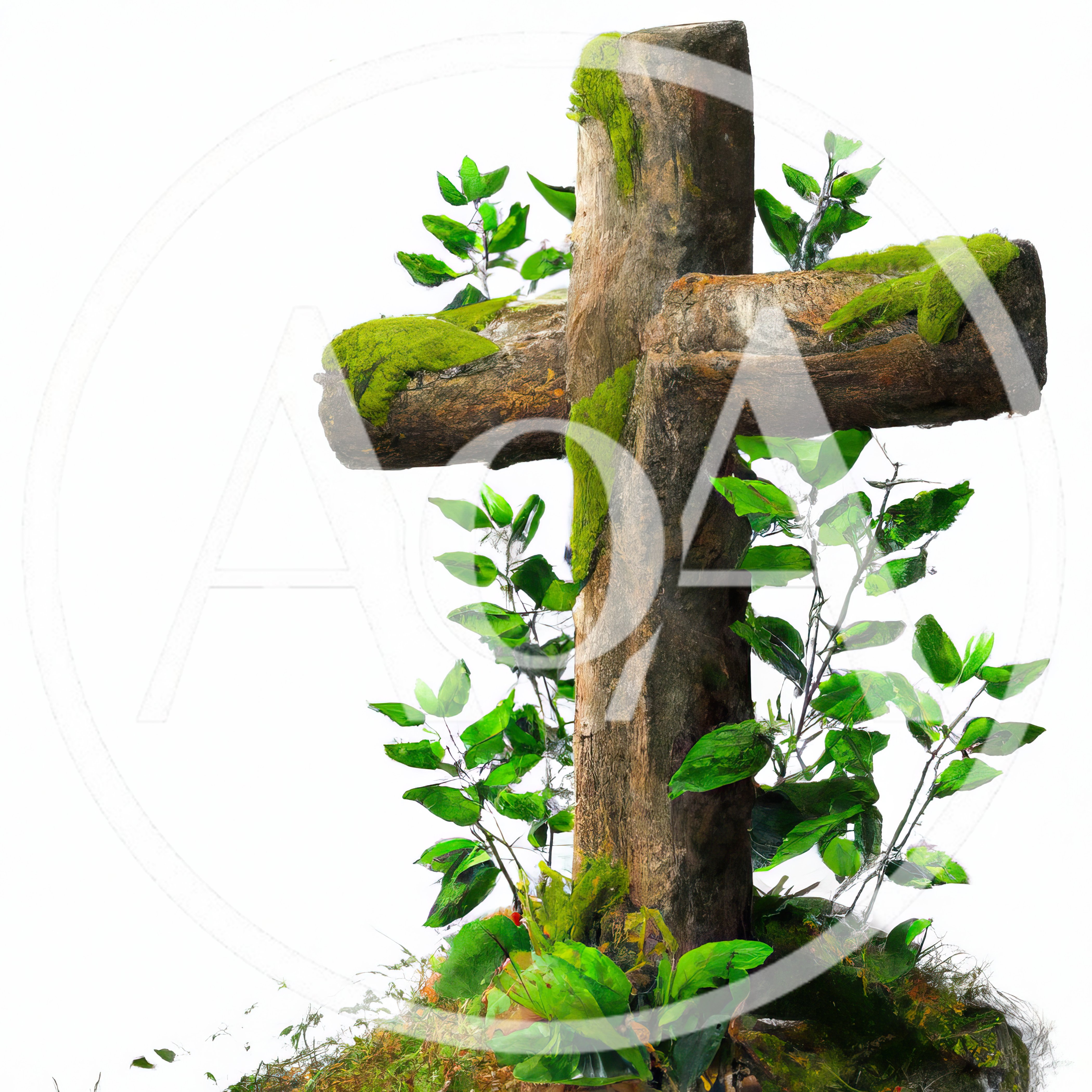 Wooden Cross Covered In Moss And Green Foliage