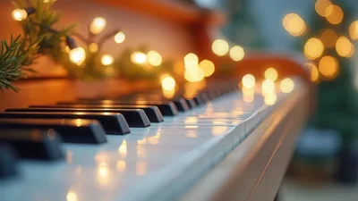 Close Up Of Piano Keys With Christmas Lights