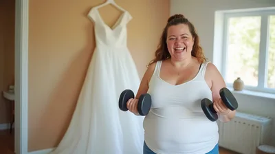 Happy Bride Exercising With Dumbbells Before Wedding