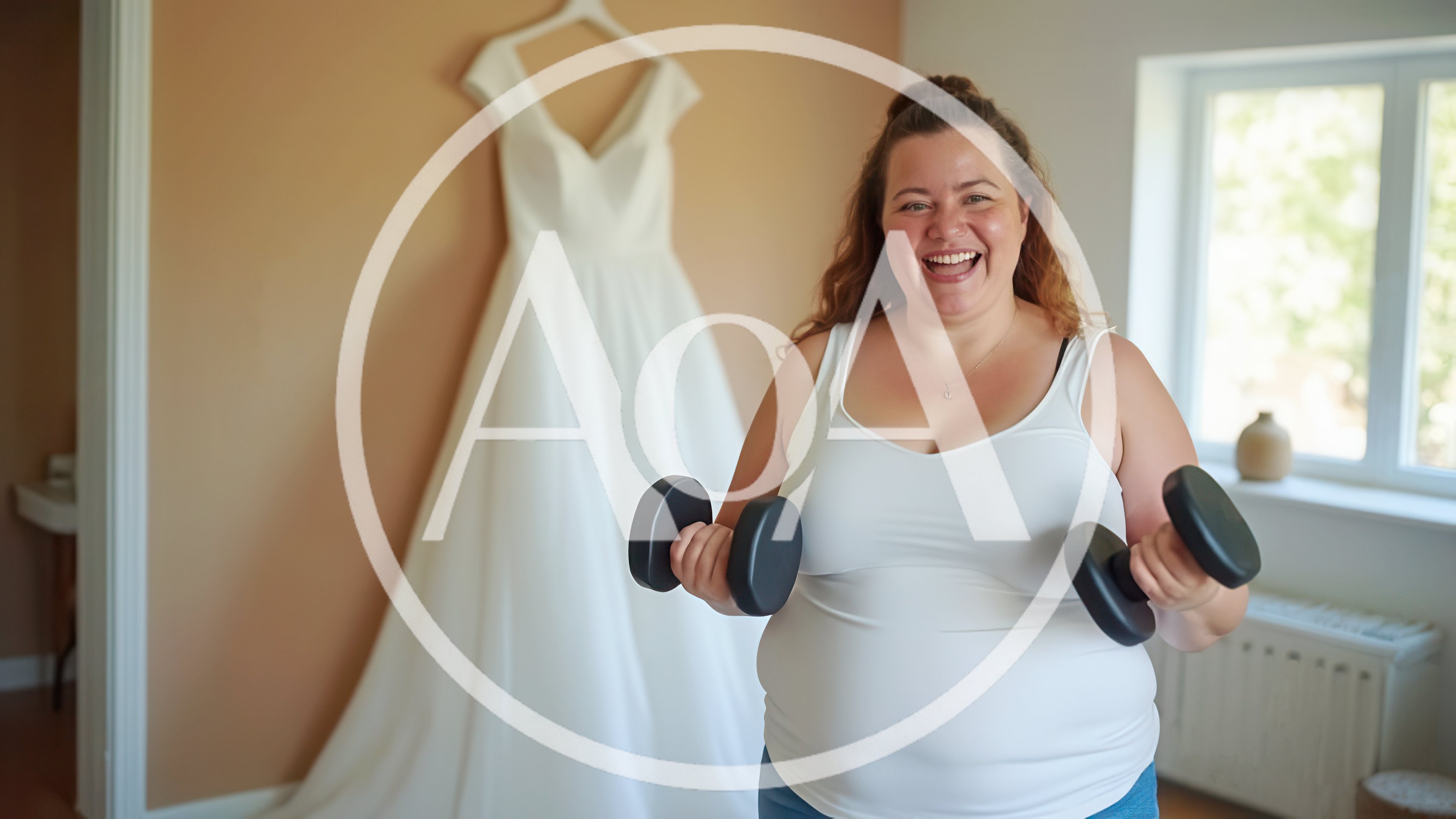 Happy Bride Exercising With Dumbbells Before Wedding