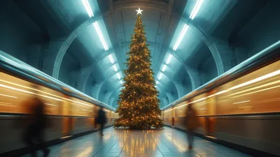 Christmas Tree Standing In A Modern Subway Station