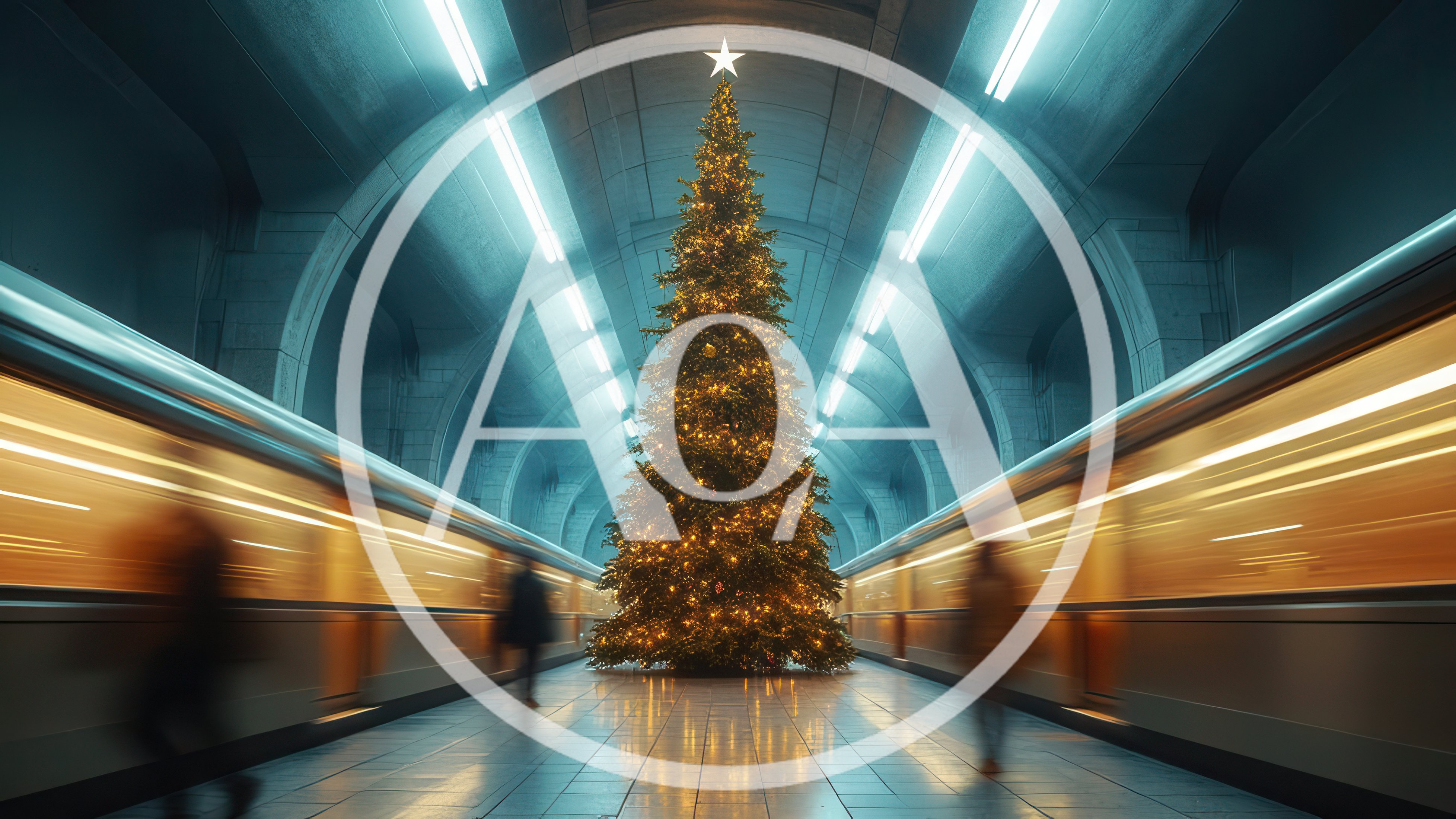 Christmas Tree Standing In A Modern Subway Station