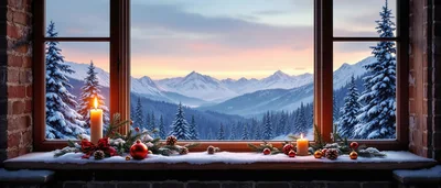 Christmas Window View With Candles And Ornaments