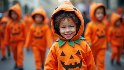 Happy Child Wearing A Pumpkin Halloween Costume