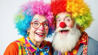 Senior Couple Dressed As Clowns Smiling Together