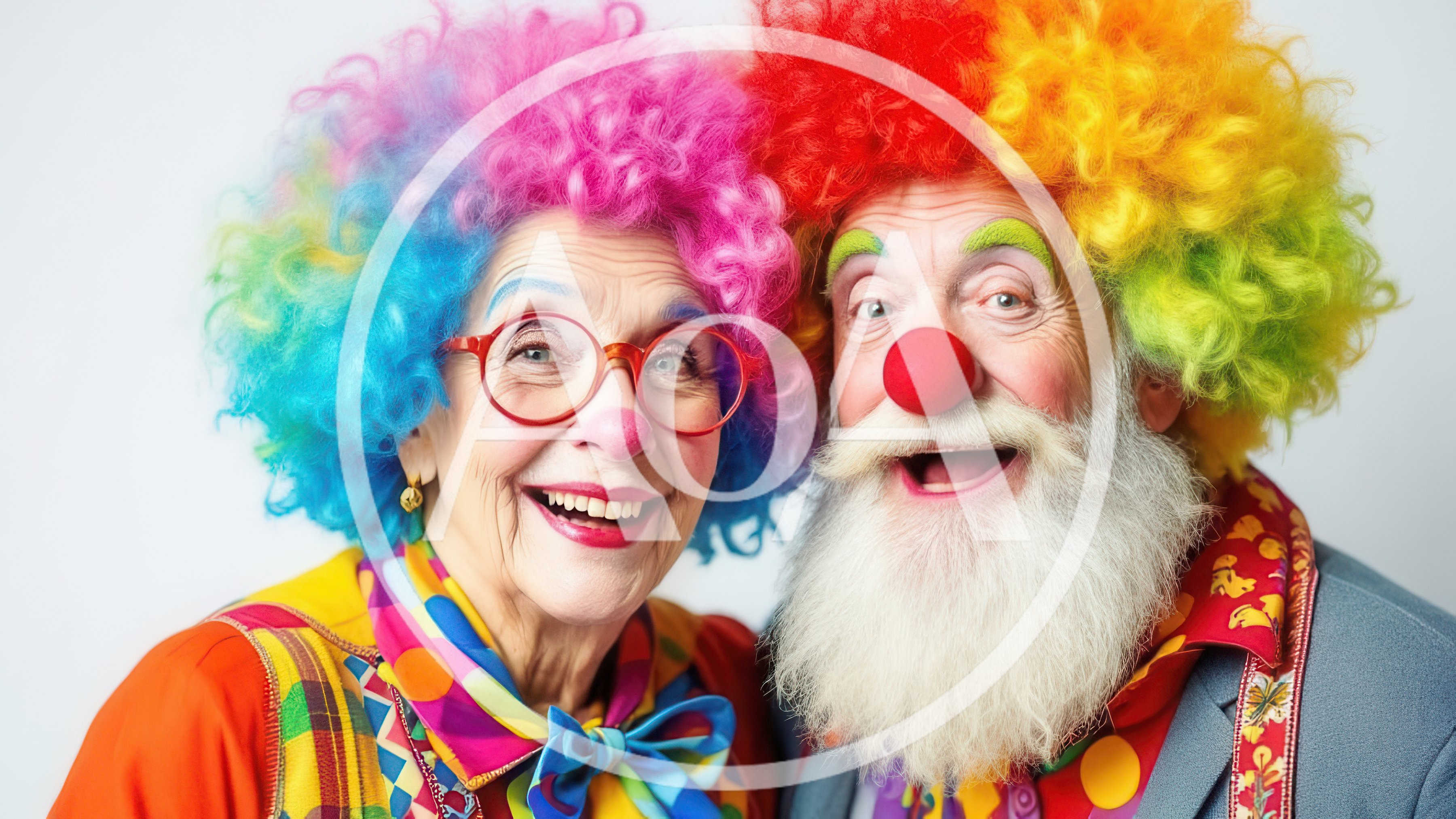 Senior Couple Dressed As Clowns Smiling Together