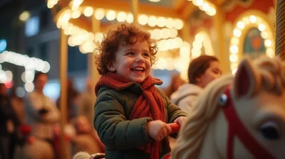 Happy Toddler Riding A Carousel At Night