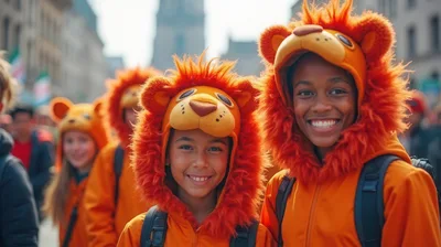 Children Wearing Lion Costumes During A Festive Parade