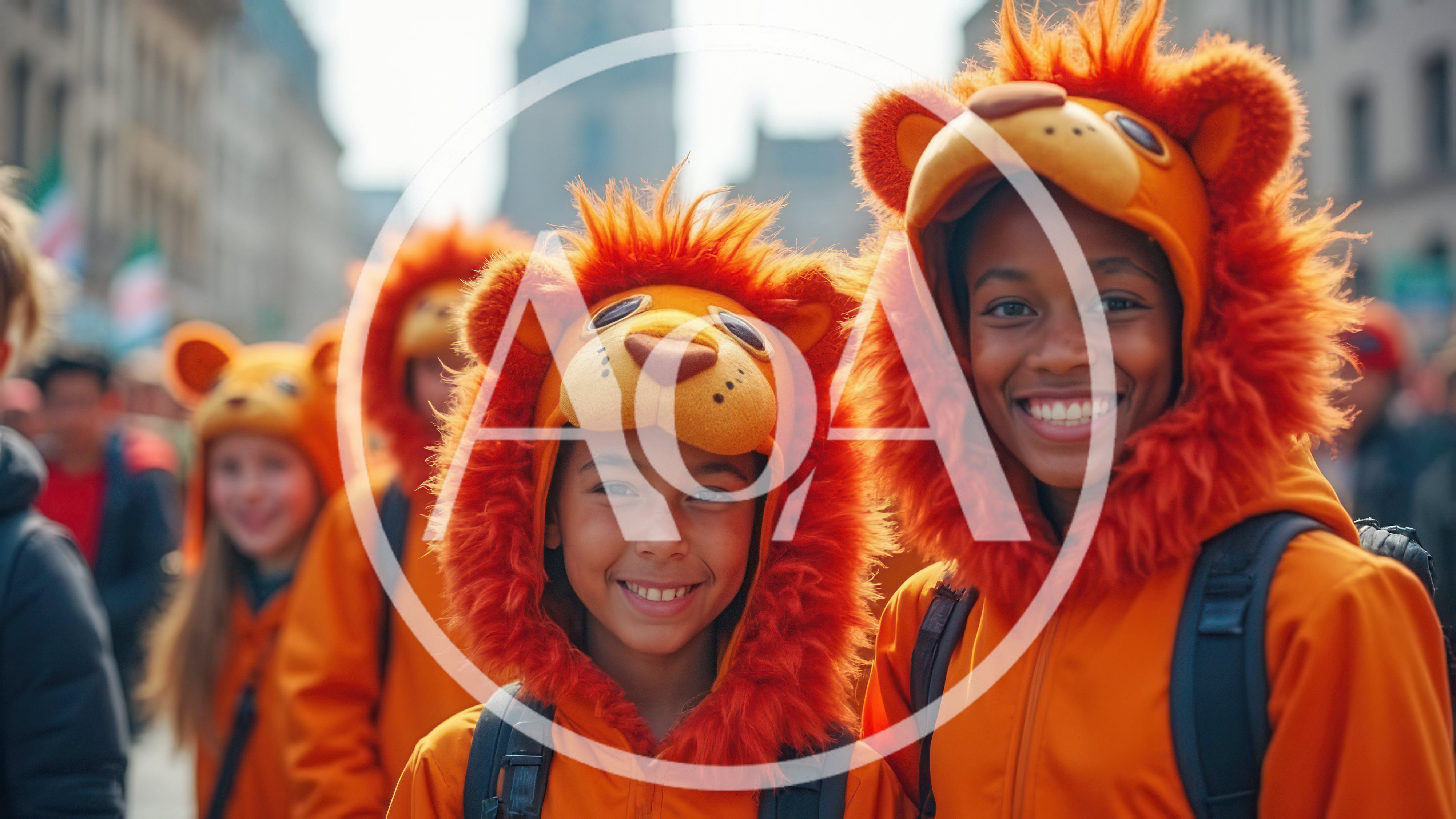 Children Wearing Lion Costumes During A Festive Parade