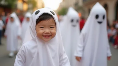 Happy Toddler Wearing A Cute Ghost Costume