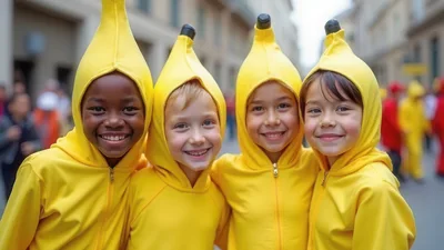 Diverse Children Wearing Banana Costumes At A Parade