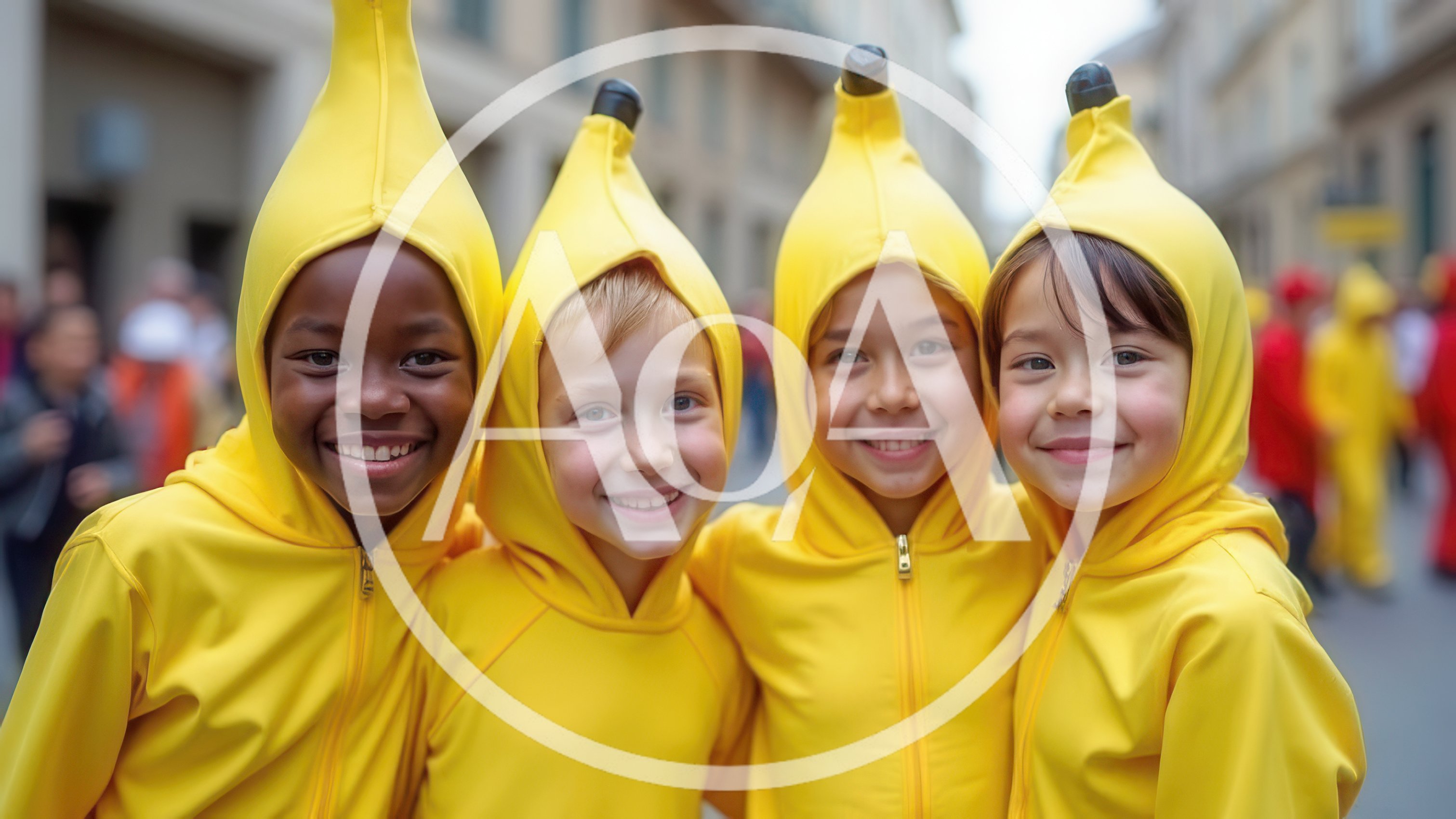 Diverse Children Wearing Banana Costumes At A Parade