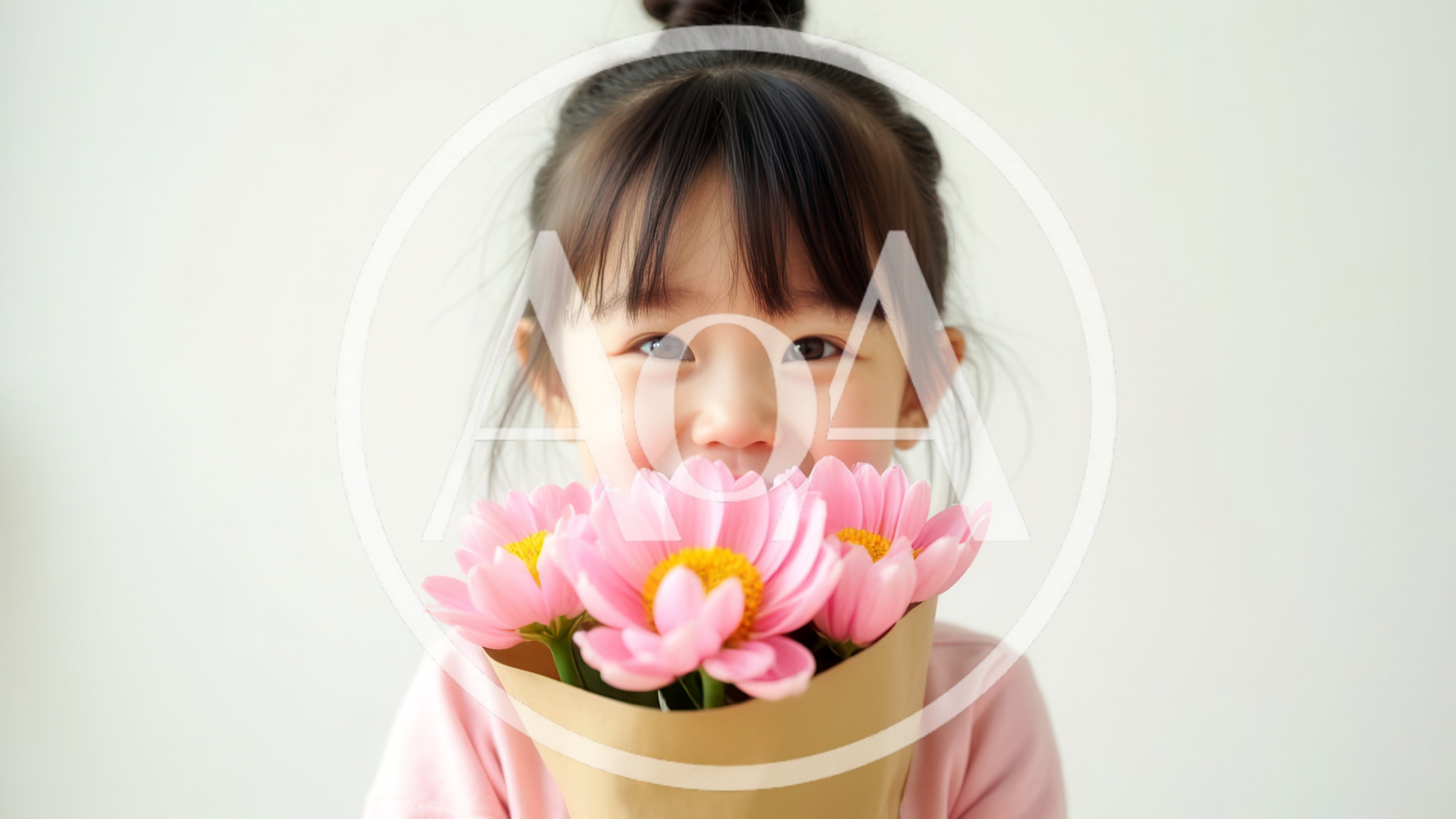 Little Girl Holding A Bouquet Of Pink Flowers