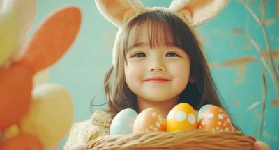 Adorable Young Girl Wearing Bunny Ears Holding Easter Eggs