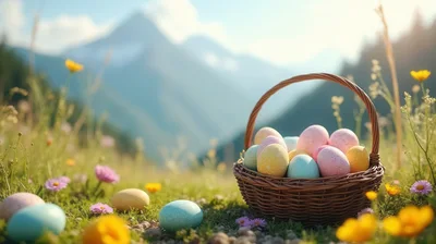 Easter Basket With Colorful Eggs In Mountain Meadow