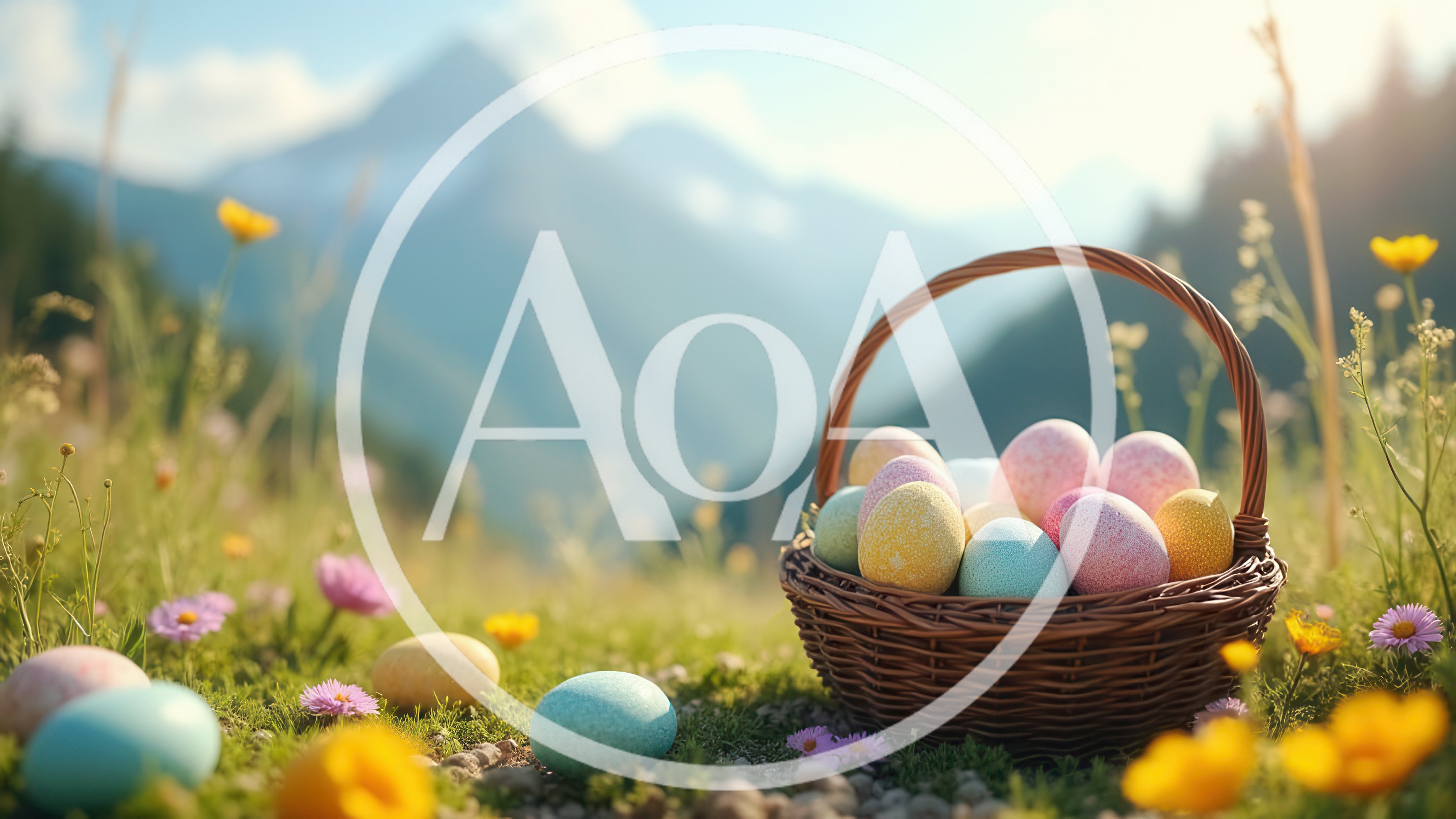 Easter Basket With Colorful Eggs In Mountain Meadow