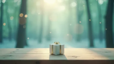 Small White Gift Box On Wooden Table In Forest