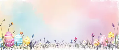 Easter Background With Decorated Eggs And Cute Chick
