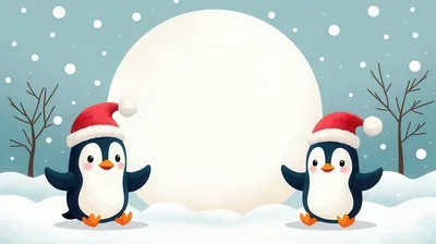 Two Cute Penguins Wearing Santa Hats In Snowy Landscape