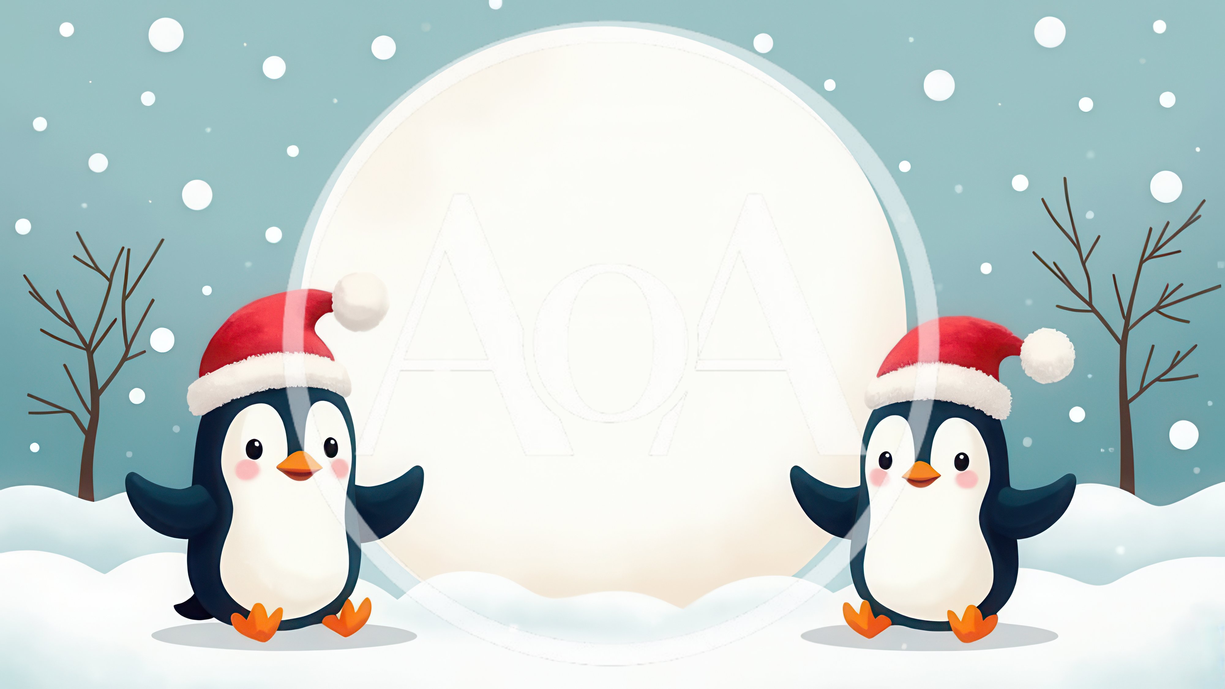 Two Cute Penguins Wearing Santa Hats In Snowy Landscape